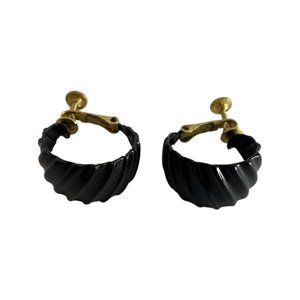 Vtg Black Hoop Naiper Earrings Clip-on & Screw Back Earrings Gold Tone